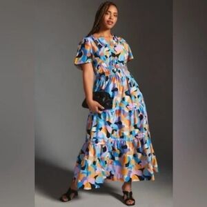 Anthropologie Multicolor Abstract Tiered Maxi Dress in Blue, Pink & Orange